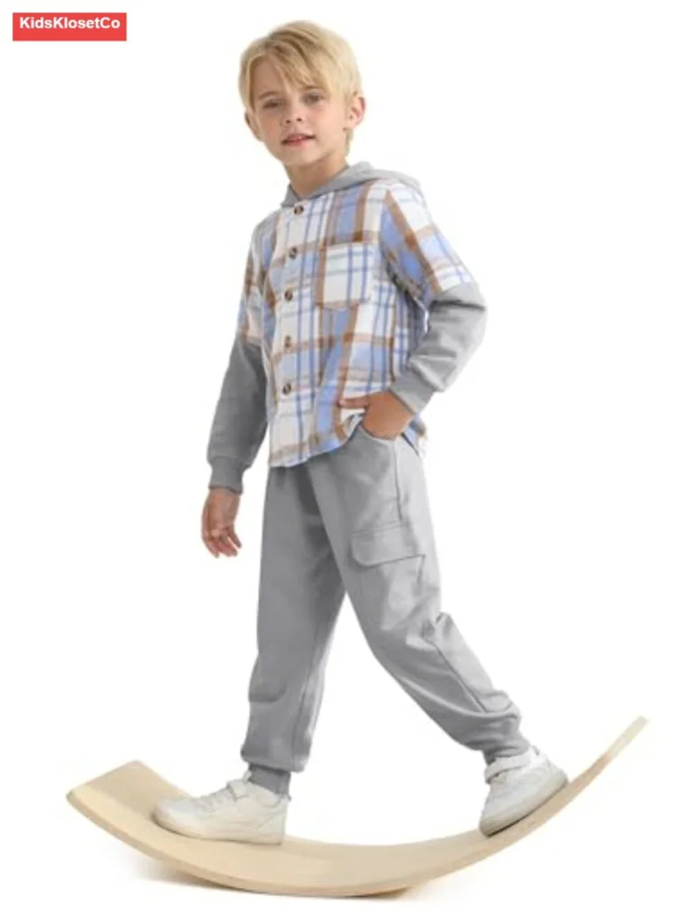 Boys 2-Piece Sweatsuit Set Hoodie Flannel Plaid Shirt and Jogger Pants